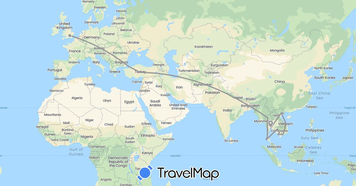 TravelMap itinerary: driving, plane in United Kingdom, Cambodia, Thailand, Turkey, Vietnam (Asia, Europe)